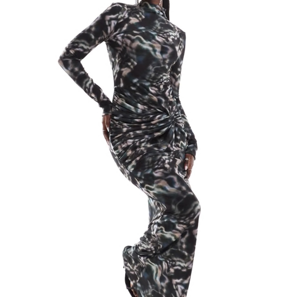 ASOS DESIGN long sleeve mesh maxi dress with ruching in dark abstract print